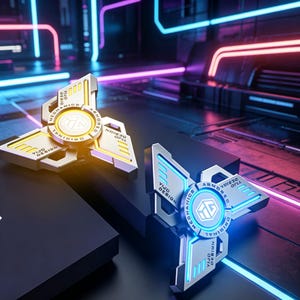 Puede incluir: Dos spinners metálicos con un diseño de tres aspas. Uno es dorado con detalles amarillos, el otro plateado con detalles azules. Cada spinner tiene el texto "VIJO DESIGN" y "ORIGINAL".
