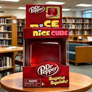 May include: A Dr. Pepper "Nice Cube" squishy toy in a red box. The box features the Dr. Pepper logo, the words "Nice Cube", and "Suptid Squish!". The toy is a translucent red cube. The packaging includes a warning and a 3+ age recommendation.