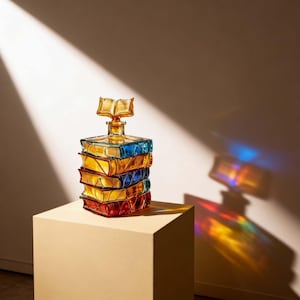 Puede incluir: Una colorida jarra de vidrio con forma de pila de libros. La jarra presenta un libro abierto dorado como tapón. Los libros son en tonos de rojo, amarillo y azul. La jarra está sobre un pedestal cuadrado beige.