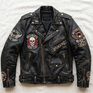 May include: A black leather motorcycle jacket featuring multiple embroidered patches, including a skull with red roses, an eagle, and text reading Ride Fast Live Young, Wild Hearts Rebel Club, and Outlaw & Free. It has metal studs and zippers.