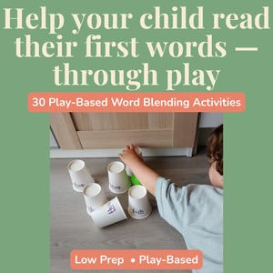 May include: A set of white paper cups with handwritten words on them, used for a word blending activity. The text on the image reads: Help your child read their first words — through play, 30 Play-Based Word Blending Activities, Low Prep • Play-Based.