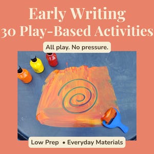 Op de afbeelding: Een bron getiteld Early Writing 30 Play-Based Activities met de tekst All play. No pressure. en Low Prep • Everyday Materials. Het toont oranje, gele en rode verfflessen, een oranje geverfd vel met een groene spiraal en een blauwe verfroller.