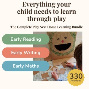 May include: A learning bundle titled Everything your child needs to learn through play and The Complete Play Nest Home Learning Bundle. It features buttons for Early Reading, Early Writing, and Early Maths, plus a cardboard face and cards with numbers.