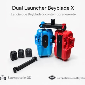 Peut inclure: Lanceur double pour Beyblade X, bleu et rouge, avec une poignée noire et trois accessoires noirs. Le texte "Dual Launcher Beyblade X" et "Stampato in 3D" sont visibles.