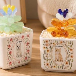 May include: Two square white ceramic planters featuring floral borders and oval portraits of cats labelled Cooper and Anna. Each planter holds a glass succulent sculpture with translucent leaves in light green or amber, topped with blue or yellow glass petals.