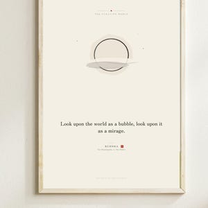 May include: A framed vertical poster with a light cream background featuring a minimalist black circle graphic above the text: Look upon the world as a bubble, look upon it as a mirage. BUDDHA, The Dhammapada, tr. Max Muller, THE FLOATING WORLD.