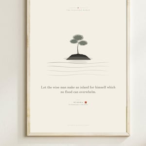 May include: A framed wall art print on a cream background featuring a minimalist illustration of a small island with a single tree. The text reads: The Floating World, Let the wise man make an island for himself which no flood can overwhelm, Buddha.