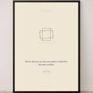 May include: A framed wall art print with a cream background featuring a geometric diagram of golden rectangles, the text "THE GOLDEN MEAN", and the quote "Never did eye see the sun unless it had first become sunlike." by Plotinus.