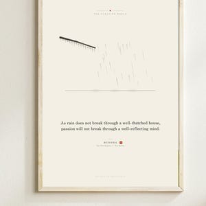 May include: A framed wall art print on a cream background featuring a minimalist graphic of rain falling from a roof edge. The text reads: As rain does not break through a well-thatched house, passion will not break through a well-reflecting mind.