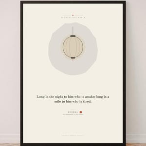 May include: A framed wall art print featuring a beige background, a central illustration of a round paper lantern, and the text: THE FLOATING WORLD, Long is the night to him who is awake; long is a mile to him who is tired. BUDDHA, The Dhammapada, 60, Max Muller.