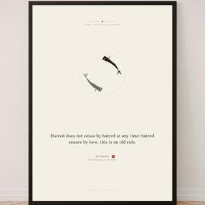 May include: A framed wall art print on a cream background featuring two stylized fish in a circular formation. The text reads: The Floating World, Hatred does not cease by hatred at any time: hatred ceases by love, this is an old rule, BUDDHA.
