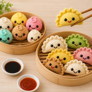 May include: A collection of crocheted plushies shaped like dumplings and buns with embroidered smiling faces and rosy cheeks. The items are arranged in two round bamboo steamers, with one yellow dumpling held by wooden chopsticks.