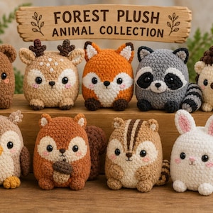 May include: A selection of handmade crochet forest animal plush toys, including a bear, deer, fox, raccoon, hedgehog, owl, squirrel, chipmunk, and bunny. The sign above reads "FOREST PLUSH ANIMAL COLLECTION". The toys are displayed on a wooden surface.