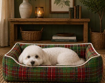 Classic Handmade Red and Green Tartan Plaid Pet Bed, Washable Timeless Pet Lounger