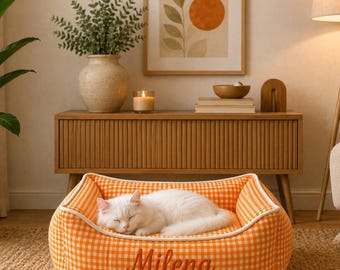 Personalized Gingham Pet Bed, Washable Dog Cat Cushion, Cozy Lounger
