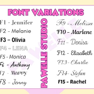 Może przedstawiać: Grafika prezentująca warianty czcionek, z nazwami takimi jak Jennifer, Olivia i Marlene. Tekst jest czarny, a tytuł "FONT VARIATIONS" w kolorze r&oacute;żowym. Logo "PAWELLE STUDIO" jest r&oacute;wnież r&oacute;żowe.
