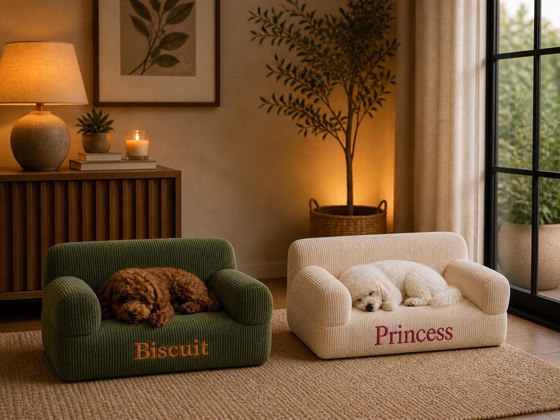 Może przedstawiać: Dwa małe legowiska dla ps&oacute;w, jedno zielone i jedno kremowe, z psami na nich. Na zielonym legowisku widnieje napis "Biscuit", a na kremowym "Princess". Oba legowiska są sztruksowe.