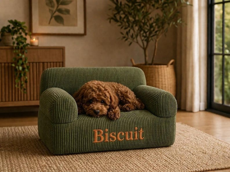 Może przedstawiać: Mała, oliwkowozielona sofa dla zwierząt domowych z sztruksu z pomarańczowym haftem z napisem "Biscuit". Brązowy pies leży na sofie. Sofa znajduje się w dobrze oświetlonym pokoju o neutralnej palecie kolor&oacute;w.