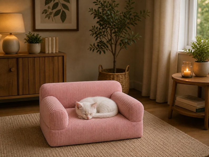 Może przedstawiać: Mała, r&oacute;żowa sofa dla zwierząt domowych z sztruksu z zaokrąglonymi podłokietnikami. Biały kot zwinięty śpi na sofie. Sofa stoi na tkanej macie w salonie, z drewnianą szafką, lampą i roślinami w tle.