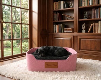 Personalized Pink Felt Dog Cat Bed, Washable Plush Pet Cushion Nest