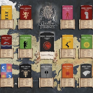 Op de afbeelding: Een kaart met het "Game of Thrones"-logo en de huiszegels. Elk huis wordt vertegenwoordigd door een gekleurde banner met een uniek embleem en een lijst met namen. De kaart staat tegen een donkere achtergrond met een draak en de Night King.