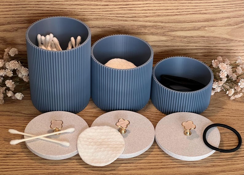 Modern Ribbed Canisters – 3D Printed Storage Jars – Gold Heart or Clover Knob – Set of 3 Bathroom or Kitchen Containers