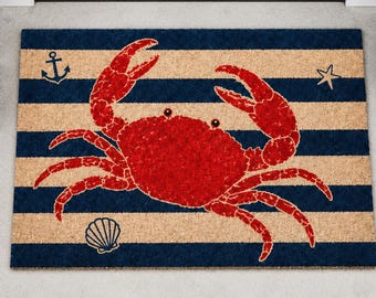 Krab deurmat, nautische gestreepte welkomstmat, kustthema voor de voordeur, decoratie voor de veranda van een strandhuis, zomers oceaan cadeau