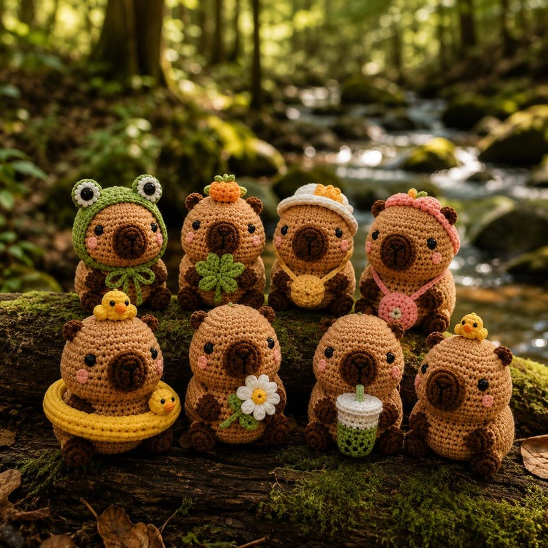May include: A collection of eight small, tan, crocheted capybara figures. Each figure features dark brown noses, pink cheeks, and unique accessories including a frog hat, a clover, a yellow swim ring, a daisy, a bubble tea cup, and small birds.