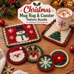 Könnte beinhalten: Ein Christmas Mug Rug & Coaster Pattern Bundle Häkelset mit einem rechteckigen Schneemann-Teppich, einem quadratischen Weihnachtsbaum-Teppich und runden Untersetzern mit Weihnachtsmann, Rentier, weißer Schneeflocke und rotem Weihnachtsstern.