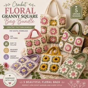 May include: A digital download bundle for five crochet floral granny square bags. The image displays five distinct tote bags featuring various flower motifs in pink, yellow, purple, and white, with green accents, all constructed from square crochet panels.