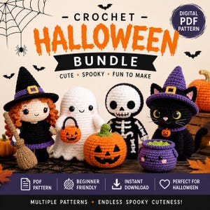 May include: A digital PDF crochet pattern bundle featuring Halloween-themed amigurumi figures including a witch with a broom, a white ghost holding a pumpkin bucket, a skeleton, a pumpkin, and a black cat wearing a purple hat with a cauldron.