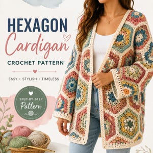 May include: A crochet cardigan featuring a multi-colored hexagon motif pattern in shades of muted pink, mustard yellow, teal, and cream. The text on the image reads HEXAGON Cardigan CROCHET PATTERN, EASY STYLISH TIMELESS, and STEP-BY-STEP Pattern.