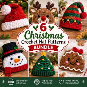 May include: A digital bundle of 6 Christmas crochet hat patterns featuring a red Santa hat, a brown reindeer hat, a green and red elf hat, a snowman hat, a Christmas tree hat, and a gingerbread person hat with the text 6 Christmas Crochet Hat Patterns BUNDLE.