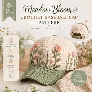 Crochet Floral Baseball Cap Pattern PDF, Daisy Hat Crochet Tutorial, Summer Flower Cap, Instant Download