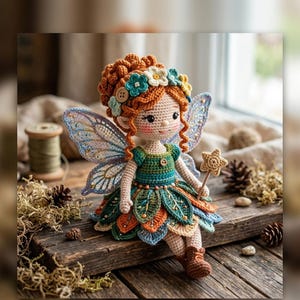 Könnte beinhalten: Eine handgefertigte Häkelfee-Puppe mit roten Haaren, einem Blumenkranz und zarten Flügeln. Die Puppe trägt ein grünes und blaues Kleid mit blattförmigen Details und hält einen sternförmigen Zauberstab. Die Puppe sitzt auf einer Holzoberfläche.