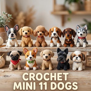 Peut inclure: Onze figurines de chiens miniatures au crochet, représentant diverses races telles qu'un bouledogue français, un beagle et un husky. Chaque chien présente des détails soignés et des accessoires, comme des colliers et des bandanas. Le texte "CROCHET MINI 11 DOGS" est visible.