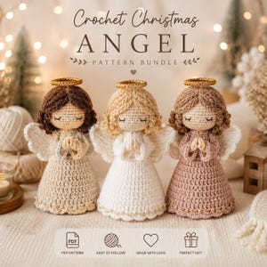 Peut inclure: Trois figurines d'anges au crochet avec des auréoles dorées, les yeux fermés et les mains en prière. L'ange de gauche a des cheveux brun foncé et une robe beige, celui du centre des cheveux blonds et une robe blanche, et celui de droite des cheveux châtains.