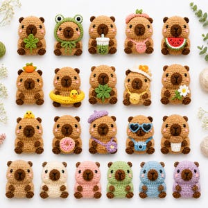May include: A collection of twenty-three small, crocheted capybara figures arranged in rows. The figures are crafted in various colors, including brown, white, pink, green, blue, and purple, with some wearing accessories like hats, bags, and holding items.