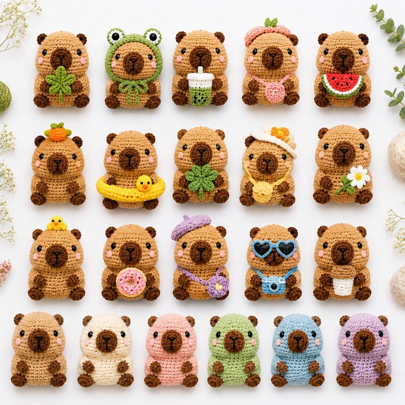 May include: A collection of twenty-three small, crocheted capybara figures arranged in rows. The figures are crafted in various colors, including brown, white, pink, green, blue, and purple, with some wearing accessories like hats, bags, and holding items.