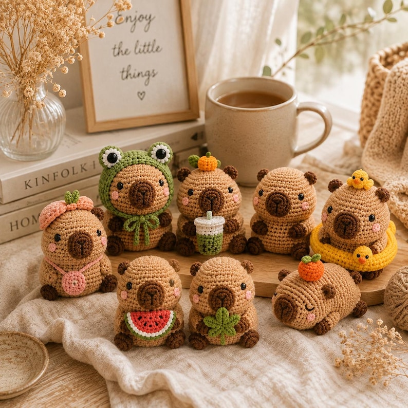 May include: A collection of nine small, tan, crocheted capybara figures. Each figure features unique accessories, including a frog hat, a watermelon slice, a boba tea cup, a yellow swim ring with two small ducks, and various fruit or leaf headpieces.