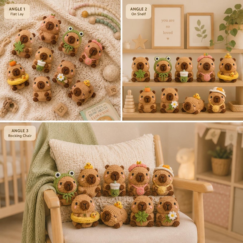 May include: A collection of small, tan, crocheted capybara plush toys. Each figure features a round body, dark brown snout, and black eyes. They are accessorized with various items including a green frog hood, a yellow floatie, a boba tea cup, a white daisy, a green clover, a pink hat, and a small yellow chick.