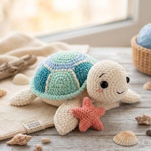 May include: A handmade crochet turtle with a blue and green shell, cream-colored body, and a coral starfish. The turtle has black eyes and a smiling face. The turtle is on a cream-colored blanket with seashells.