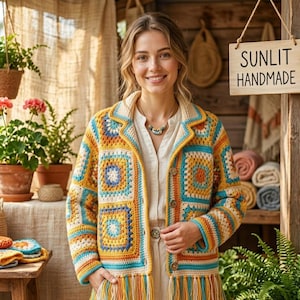 May include: A long-sleeved crochet cardigan featuring a multi-colored granny square pattern in shades of yellow, orange, blue, and white. The garment has a collared neckline, a button-front closure, and long fringe detailing along the bottom hem.