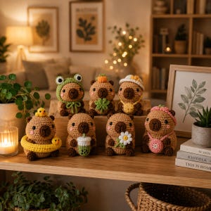 May include: Eight small, brown, crocheted capybara figures arranged on a wooden surface. Each figure features unique accessories, including a frog hood, a yellow duck float, a boba tea cup, a daisy flower, a pink headband, and various hats.