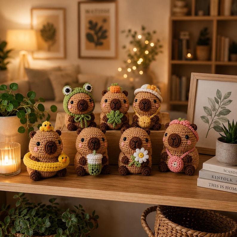 May include: Eight small, brown, crocheted capybara figures arranged on a wooden surface. Each figure features unique accessories, including a frog hood, a yellow duck float, a boba tea cup, a daisy flower, a pink headband, and various hats.
