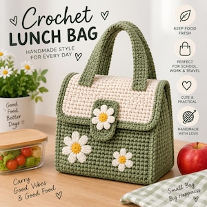 May include: A sage green and cream crochet lunch bag featuring a flap closure with a white and yellow daisy applique. The bag has a top handle and two additional daisy appliques on the front. Text on the image reads Crochet LUNCH BAG.