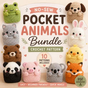 Mönsterpaket med virkmönster till amigurumi med fickdjur utan symönster (PDF) för nybörjare