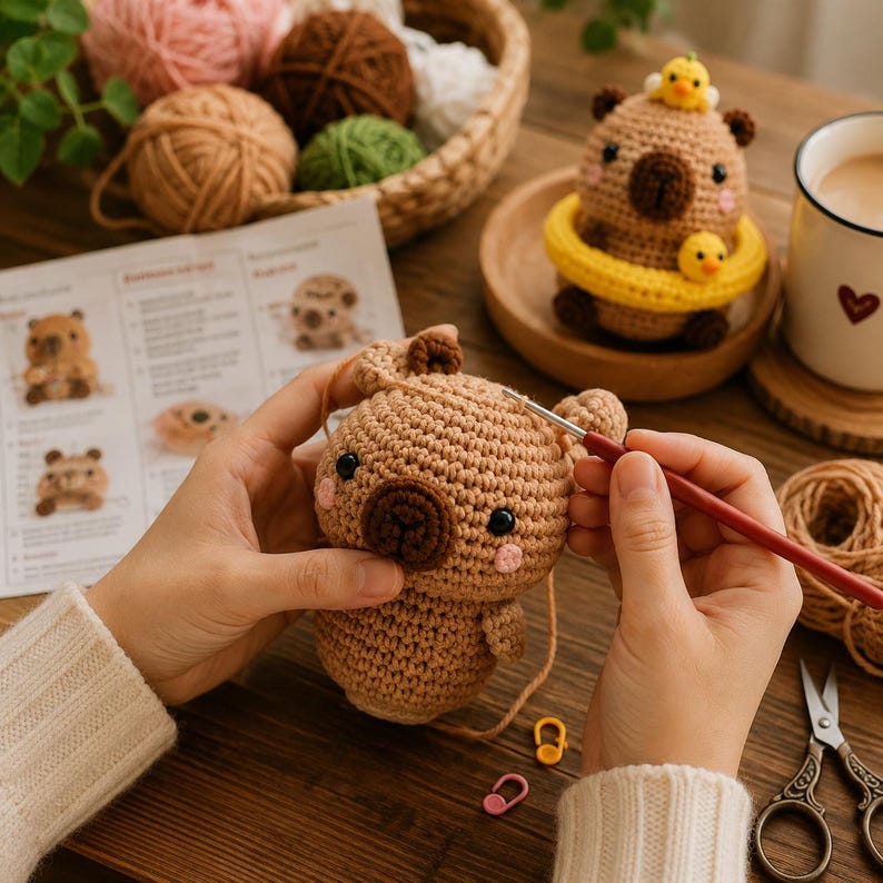 May include: A light brown crocheted animal figure with dark brown ears and snout, black eyes, and pink cheeks being worked on with a red crochet hook. The figure has a matching yarn tail and is surrounded by yarn balls, a pattern sheet, and scissors.