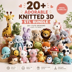 Könnte beinhalten: Eine Sammlung von über 20 kleinen, gehäkelten Tierfiguren, darunter eine Giraffe, ein Dinosaurier, ein Einhorn, ein Löwe und ein Panda. Das Bild enthält den Text 20+ ADORABLE KNITTED 3D STL BUNDLE, 20+ CUTE DESIGNS, EASY TO PRINT, DIGITAL DOWNLOAD und Symbole.
