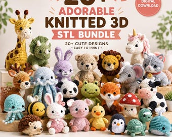 Könnte beinhalten: Eine Sammlung von über 20 kleinen, gehäkelten Tierfiguren, darunter eine Giraffe, ein Dinosaurier, ein Einhorn, ein Löwe und ein Panda. Das Bild enthält den Text 20+ ADORABLE KNITTED 3D STL BUNDLE, 20+ CUTE DESIGNS, EASY TO PRINT, DIGITAL DOWNLOAD und Symbole.